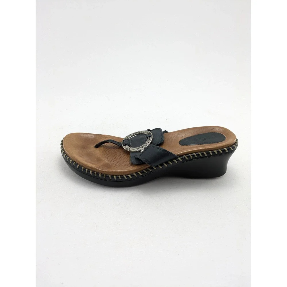 Womens Minnetonka Denver Blue Leather Slide Wedge Thong Medallion Sandals Size 8